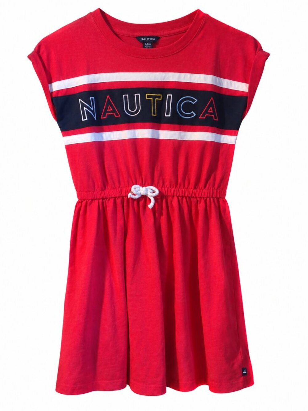 Nautica Girls Medium 8/10 Red Logo Cinched Waist T-Shirt Dress Nautical